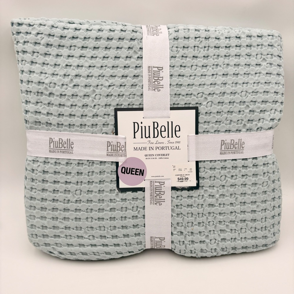 Piu Belle Queen Coverlet Light Blue Textured Bubble Weave 100% Cotton Portugal